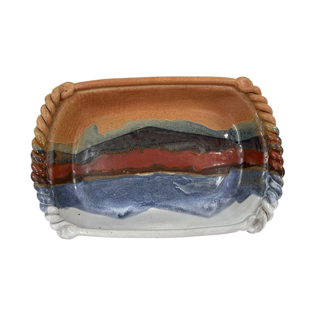 Studio Pottery‎ Signed Rectangular Tray Multi-Color Glaze Rope Edge Stoneware